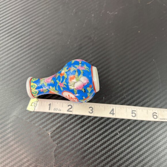 Pair Of Mini Chinese Porcelain Vases Floral Motif & Calligraphy Multicolor 3” - Picture 7 of 9